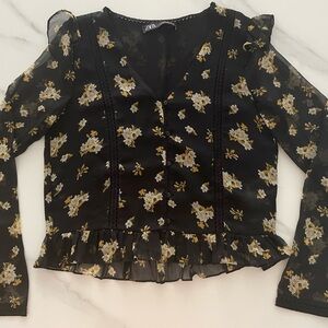 Zara Black Floral Button-Down Blouse with Ruffle Hem Size XS